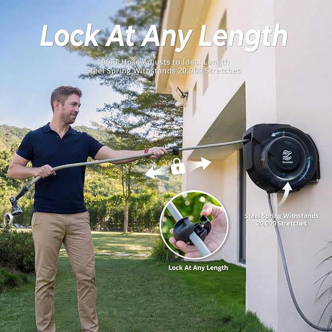 Retractable Garden Hose Reel, 5/8 in x 100ft, Heavy-Duty Aluminum Mount, Auto Rewind, Slow Retract, 180° Swivel, Any Length Lock, 10-Pattern Nozzle