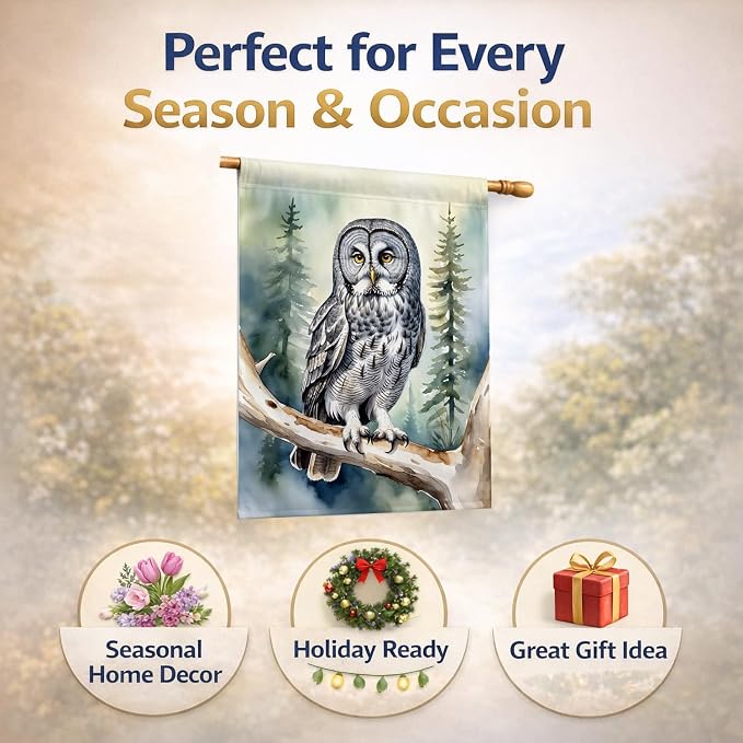 Caroline's Treasures Great Gray Owl House Flag Large Porch Sleeve Pole Decorative Outside Yard Banner Artwork Wall Hanging, Polyester, House Size, Multicolor