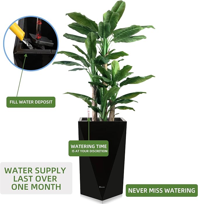 Dexceder 20 Inches Self Watering Tall Planter (Black) | Diamond High Gloss, Thickened Rhombus Large Floor Standing Flower Plant Pot with Water Level Indicator Indoor Outdoor
