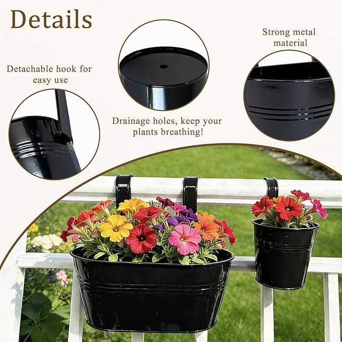 Pack of 8 Metal Hanging Planters for Outdoor Plants, 4 Pcs 4" Round Railing Planter & 4 Pcs 10" Oval Fence Flower Pots for Balcony Garden Decor, Black