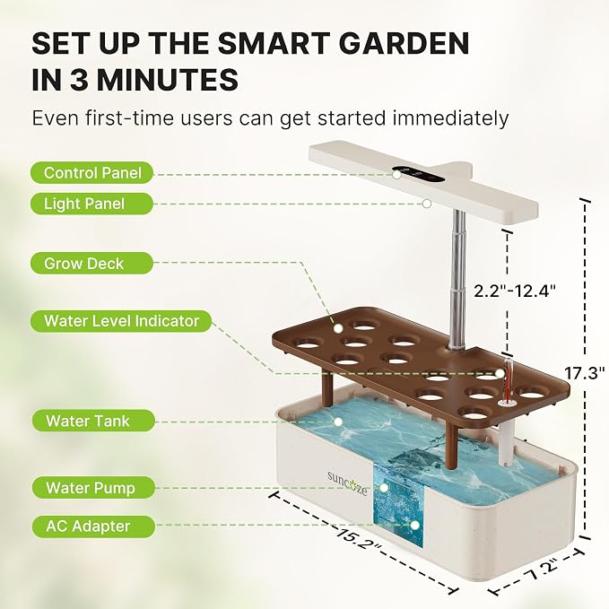 SUNCOZE Hydroponics Growing System, Compact 12 Pods Indoor Garden, Beige | 24W LED Dimmable Grow Light, 4L Water Tank with Quiet Pump, Adjustable Height Herb Garden Planter Indoor Kit, Gardening Gifts