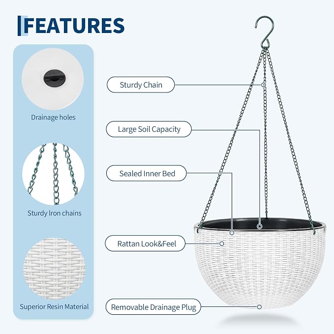 13.8 Inch Self Watering Hanging Planter, 2PCS Round Resin Hanging Basket for Indoor Outdoor Plants, Rattan Look Flower Pot with Drainage Plug, Deep Inner Pot and Sturdy Metal Triple-Chain Hanger