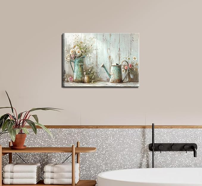 Farmhouse Flower Bathroom Canvas Wall Art Vintage Floral Decor Pictures White Daisy Flowers Watering Can Posters Prints for Bathroom Toilet Washroom Lavatory Home Decoration