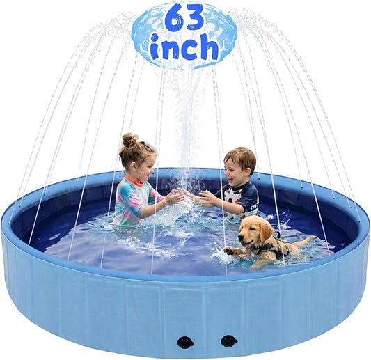 Eooqi Foldable Dog Pool with Sprinkler, Extra Large Thickened Splash Pool | 2-in-1 Outdoor Summer Water Play Toy, Non-Slip Hard-Side Kiddie Pool for Backyard Dogs, Kids & Pets (Blue, 63''-2XL)