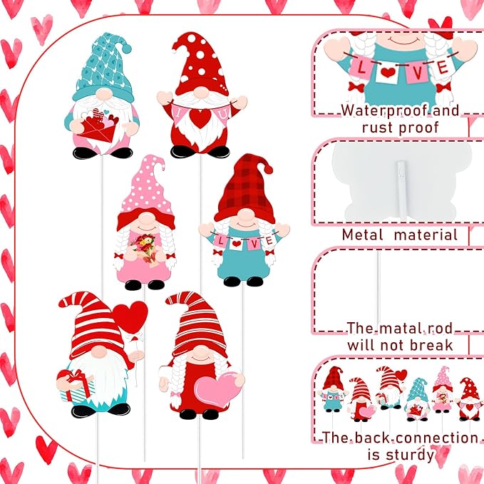 Pickmesh 6 Pcs 12 Inch Valentine's Day Metal Yard Sign Valentines Gnome Metal Yard Sign Barn Garden Stake for Planter Pot Walkway Pathway Outdoor Decor Lawn Decoration