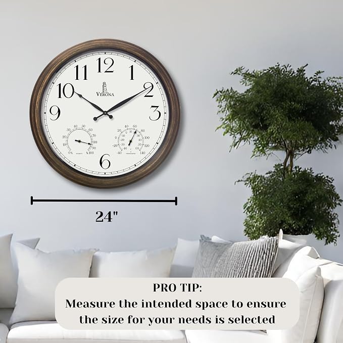 Large Outdoor Clocks for Patio - Waterproof, Accurate & Easy to Read - 24 inch Indoor Outdoor Wall Clock with Thermometer, Temperature and Humidity Combo - Weatherproof for Pool, Garden & Home Decor