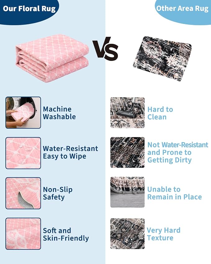 Garvee Washable Scalloped 5x7 Pink Area Rug for Girls Room | Lace Pink Rug for Bedroom Dorm, Washable Rugs 5x7 Soft Low Pile Non Slip Scalloped Rugs for Under Table Nursery Bedroom