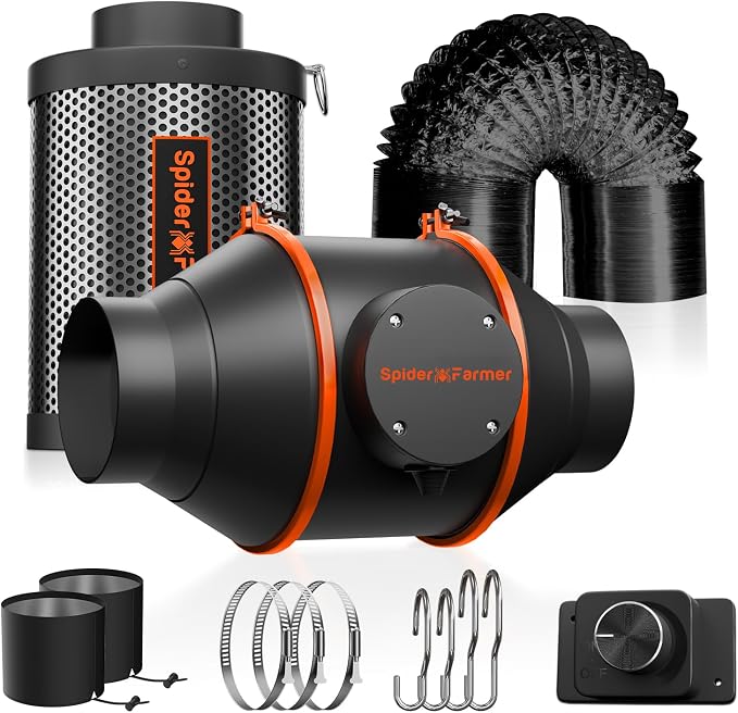 Spider Farmer 4 Inch Air Filtration Kit with RJ12 Speed Controller | Complete ventilation kit with inline duct fan, carbon filter, and 13 ft ducting for grow tents and indoor gardening