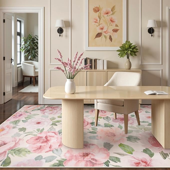 Lahome Floral Nursery Rug 5x7, Soft Boho Pink Rugs for Girls Bedroom | Low Pile Large Living Room Rug, Home Decor Carpet for Dining Room Kids Playroom Farmhouse, Beige/Multi