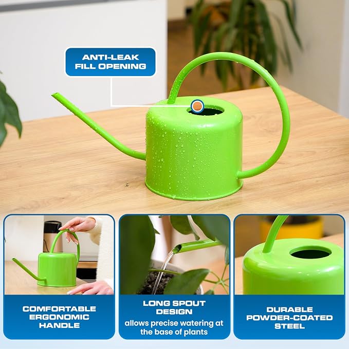 Plexon Long Spout Watering Can Indoor Plants, 40 oz Small Watering Can Pot Metal for Garden Flowers House Plants Mini, Powder Coated,Gift for Mom Girlfriend Daughter, Green