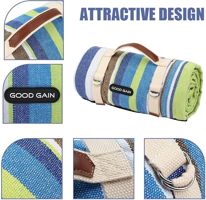 G GOOD GAIN Waterproof Picnic Blanket Portable with Carry Strap for Beach Mat or Family Outdoor Camping Party (Sky Blue)