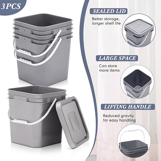 Mumufy 3 Pcs 3.5 Gallon Square Food Grade Bucket with Lid Square Bucket Pail Plastic Handles for Long Term Food Storage, Camping, Fishing, Home Organization Easy Stack and Store (Gray)
