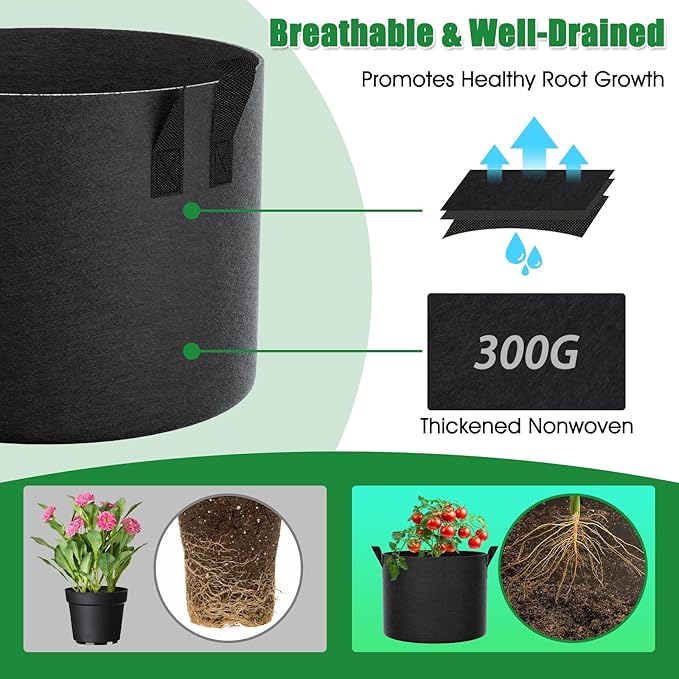 FEED GARDEN 5 Gallon Grow Bags 8 Pack – 300G Thickened Fabric Plant Pots with Reinforced Handles, Breathable Drainage Planters for Vegetables, Flowers & Herbs Indoor Outdoor