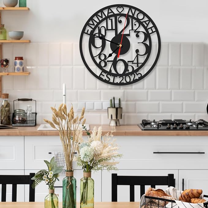Personalized Outdoor Wall Clock Waterproof, Custom Couple's Name Metal Modern Wall Clock, Non Ticking, Battery Operated, Wedding, Ideal for Living Room, Kitchen, Office, Home Decor