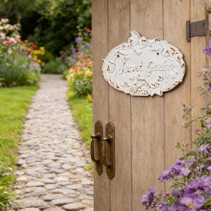 Sungmor Vintage Cast Iron “Secret Garden” Sign - Shabby Chic White Wall Plaque, Outdoor Garden Decorative Sign, French Country Cottage Wall Décor for Fence, Gate, or Patio, Distressed Rustic Finish