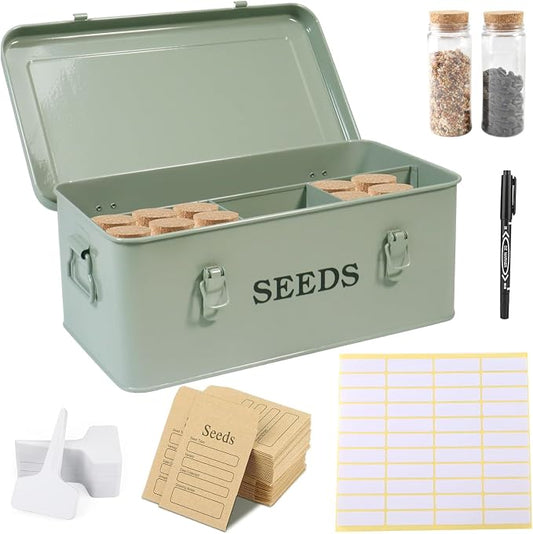 Seed Storage Organizer, 4 Compartment Seed Storage Box with Safety Lock, Metal Seed Box Seed Packet Container with 1 Pen, 12 Slots, 20 Plant Labels & 30 Seed Envelopes, Green Gardening Gift
