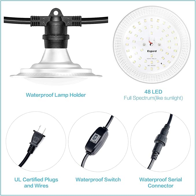 6-Light LED Grow Light Plant Growing Lamps with Timer, Outdoor Waterproof Grow Light String for Greenhouse, Full Spectrum Grow for Seeding Veg Flowers