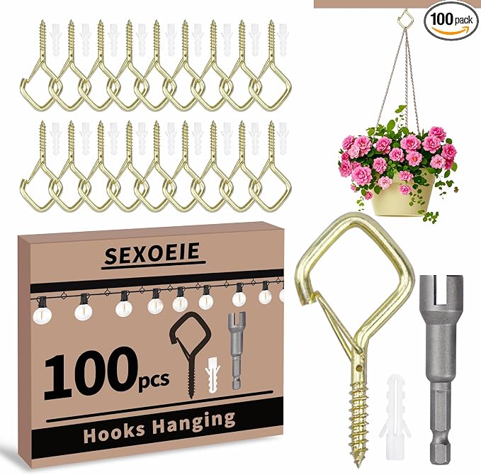 100 PCS Gold Eye Screw Hooks for Hanging Heavy Duty with Safety Buckle.Metal Ceiling Hooks for Hanging Plants Cup Wind Chime Bird Feeders Patio Lights At Indoor&Outdoor