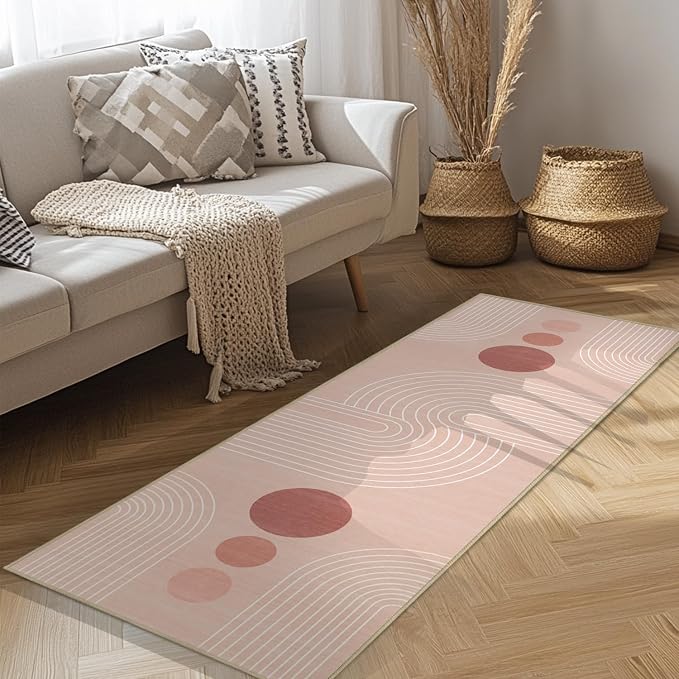 Boho Runner Rug 2x6 Modern Geometric Abstract Rug for Hallway Kitchen Bedroom Pink Mid Century Modern Runner Machine Washable Non-Slip Printed Low-Pile Long Floor Carpet for Bathroom Laundry Pink