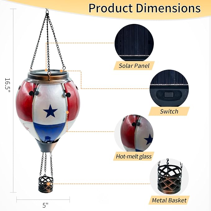 Glass Solar Hot Air Balloon Lantern with Flame Hanging Garden Flickering Light Outdoor Waterproof for Yard Patio Tree 4th of July Decorations, Flag-B