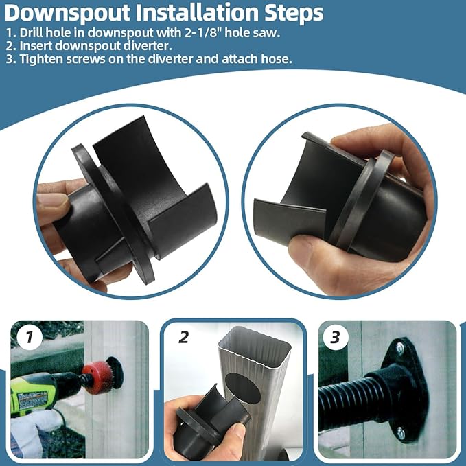 Rain Barrel Diverter Kit for 2x3" Downspout - Rain Water Diverter Connector System Fits Rectangular Downspouts, Converts Plastics Barrel into Rain Barrel