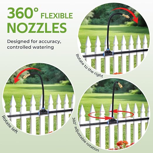 HIRALIY 100FT Garden Watering System with 16 360° Adjustable Copper Mist Nozzles, Quick-Connect Drip Irrigation Kit for Raised Beds, Patio Pots and Greenhouses