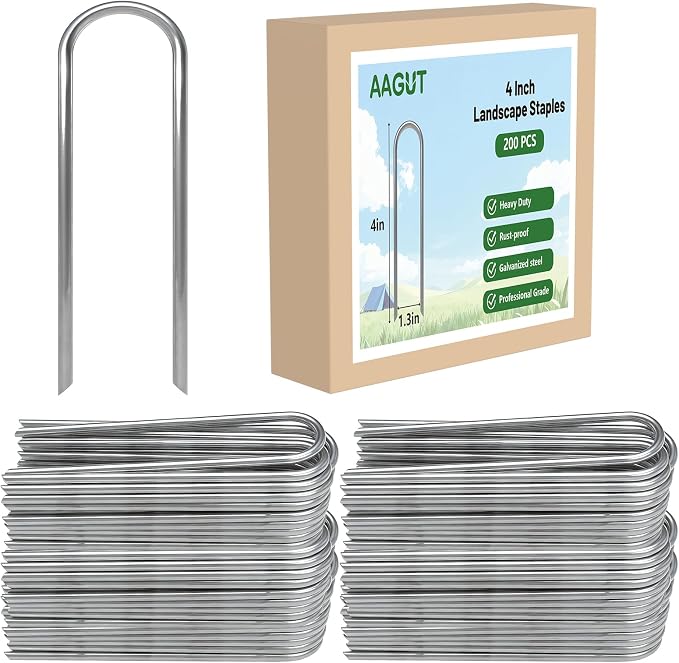 AAGUT 4 Inch Landscape Stakes 200 Pack Garden Drip Irrigation Tubing Stakes Heavy Duty 14 Gauge Galvanized Ground Staples Lawn U Hooks for Soaker Hose, Chicken Wire, Chain Link Fence, Dog Fence