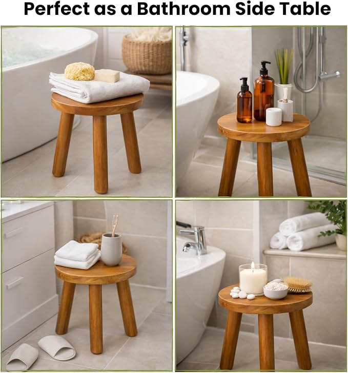 Plant Stool Indoor, Teak Stool for Plants, Bathroom Side Table, Mid-Century Style(12" Tall)