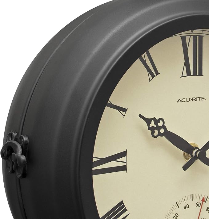AcuRite 9-Inch Indoor/Outdoor Double-Sided Hanging Clock with 360-Degree Spin Functionality, Iron Metal Frame, Glass Lens, Quartz Crystal Movement, Weatherproof and Premium Thermometer (75140M),Black
