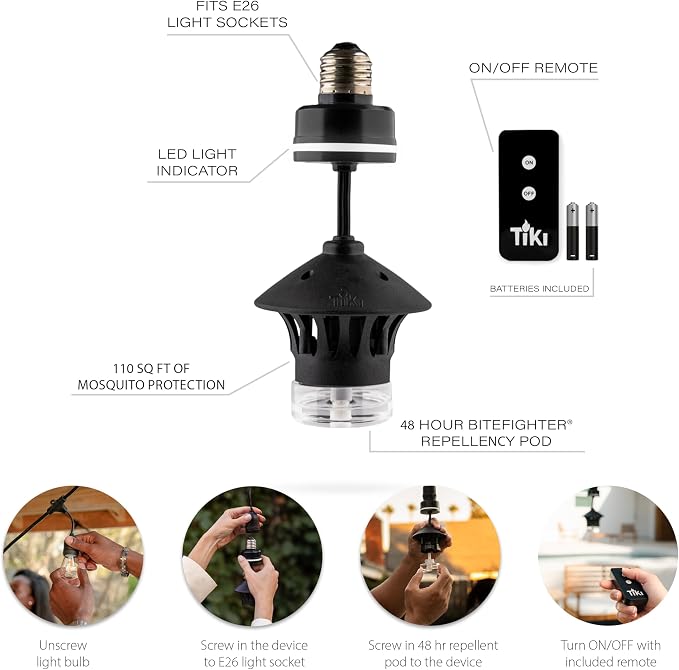 TIKI® BiteFighter® Plug & Repel Mosquito Repellent for Outdoor String Lights Odor-Free, Easy Install, 110 sq. ft. Coverage with 48 Hours of Protection