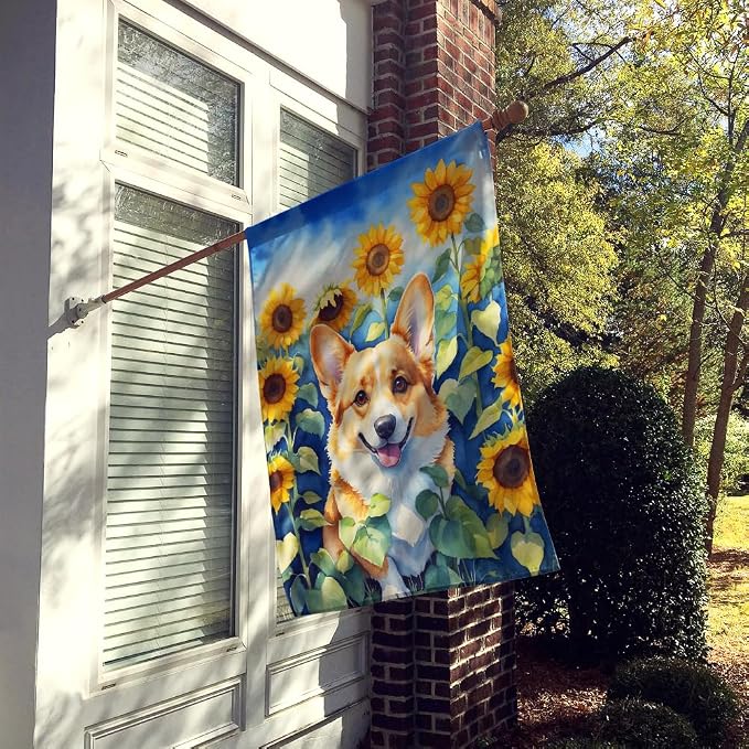 Caroline's Treasures DAC6062CHF Corgi in Sunflowers House Flag Large Porch Sleeve Pole Decorative Outside Yard Banner Artwork Wall Hanging, Polyester, House Size, Multicolor