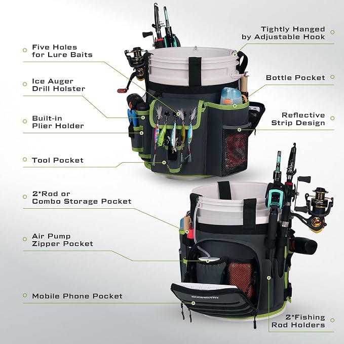 Boomistry Fishing Bucket Organizer for 5 Gallon Bucket, Dark Gray | 15 Multi-Pockets, 4 Built-in Rod Holder Storage, 3 Adjustable Buckles, for All Fishing Gear & Tackle Accessories