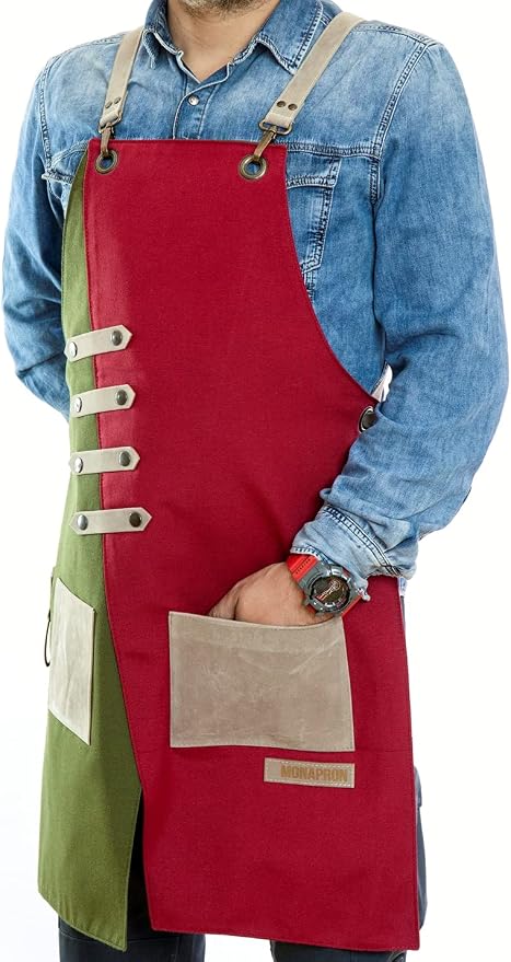 MONAPRON Apron for Women and Men Waterproof Canvas Extra Pocket for Chef Barista Gardening BBQ Grilling Crossback Unisex