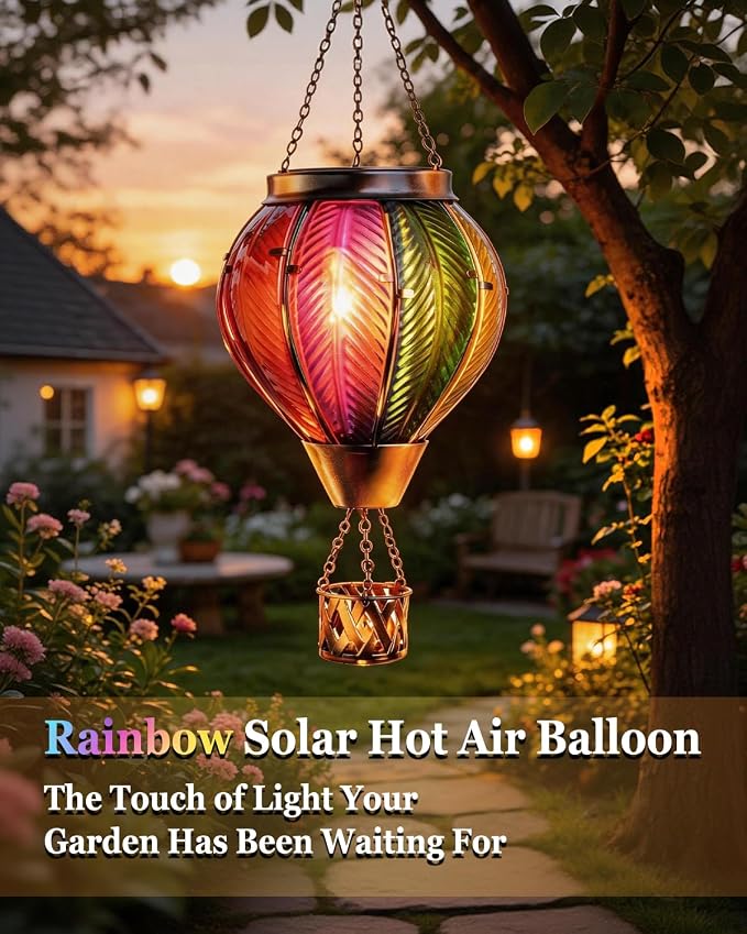 Larekook Rainbow Solar Hot Air Balloon Lantern with Flickering Flame Light,Glass Outdoor Garden Decor,Hot Air Balloon Solar Lantern Outdoor Waterproof Hanging Light for Yard Patio Porch Lawn