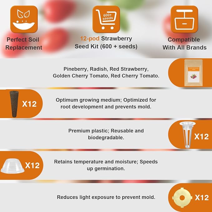 Strawberry and Pineberry Seed Pod Kit for AeroGarden, Ahopegarden with Red Strawberry, Radish, Pineberry, Red Heirloom/Golden Harvest Cherry Tomato - Hydroponics Supplies for Most Brand (12-pod)