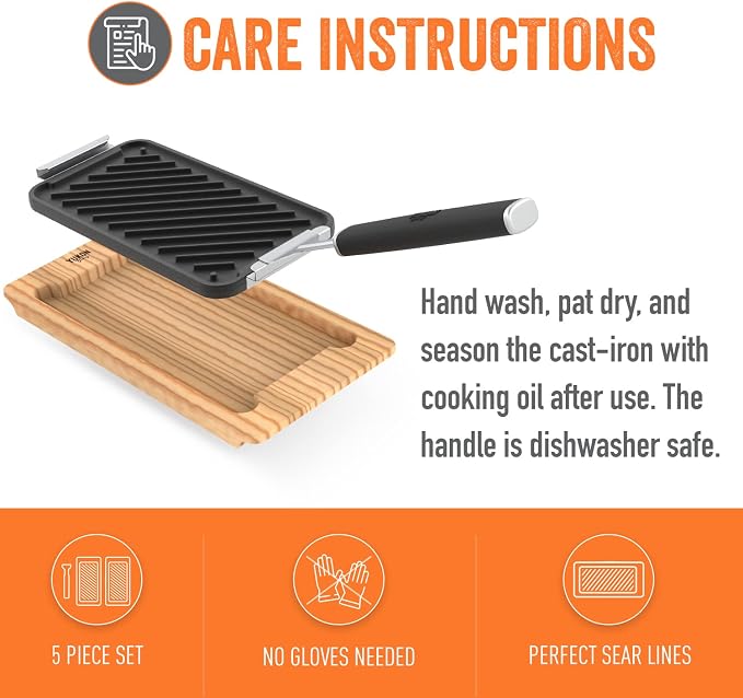Yukon Glory Cast Iron Grill Pan Set | 2 Grooved Cast Iron Pans, Wooden Serving Trays & Clip-On Handle | Grill to Table | Gas, Charcoal & Campfire