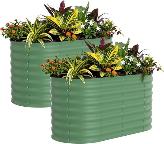 Garvee 2 Pack 4x2x2ft Galvanized Raised Garden Bed Kit, Oval Metal Planter Boxes with Anti-Cut Safety Edges, Rust-Resistant Deep Root Planters for Outdoor Vegetables, Flowers, Herbs, Green