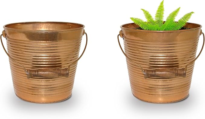 Headwind Robert Allen Vintage Ribbed Metal Planter with Handle, 10-Inch, New Penny – Lightweight Indoor/Outdoor Flower Pot with Drainage Hole