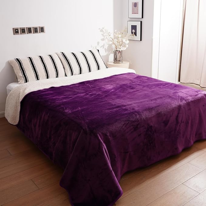 Sunsleek Waterproof Fleece Sherpa Blanket for Bed Sofa Couch Travel, Reversible Soft Throw Blanket for Dog Puppy Cat, Large Pet Blanket Furniture Protector (Purple,80x90 inches)
