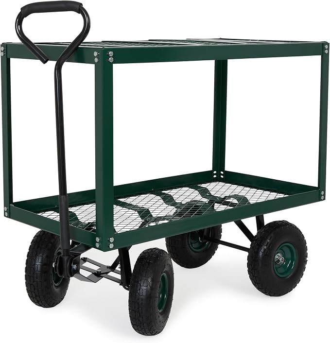 Backyard Expressions 2 Tier Garden Cart, 600 lb Total Capacity, Outdoor Utility Cart with Wheels, Steel Mesh Shelves, Pneumatic Tires, Pull Handle Rolling Wagon for Yard & Lawn