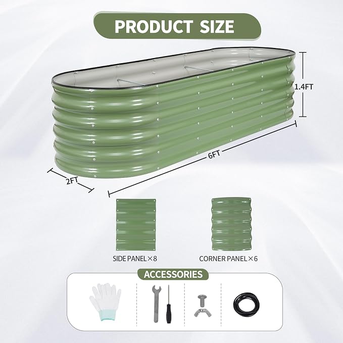 Galvanized Raised Garden Bed Outdoor- Raised Beds for Gardening| Metal Planter Box, Steel Raised Garden Bed Kit with Safety Edging and Gloves for Vegetables, Flower, Herbs (6x2x1.4FT, Green)