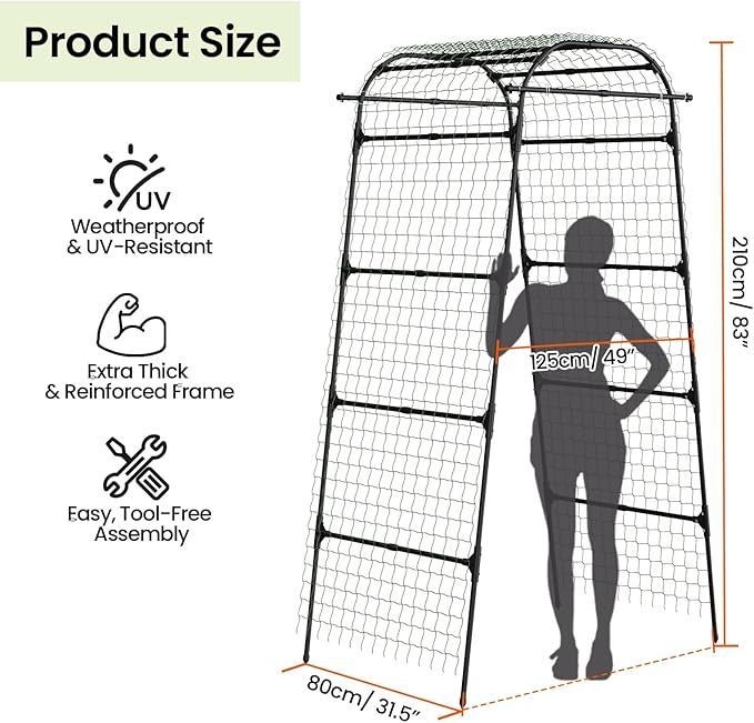 Garden Arch Trellis 83" H x 49" L x 31.5" W Heavy-Duty Plant Support with Nylon Netting & 100 Leaf Ties – Reusable Climbing Trellis for Tomatoes, Cucumbers, Beans & Flowers (Large)