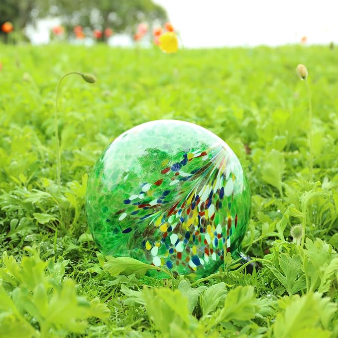 VCUTEKA Gazing Ball for Garden, Glass Outdoor Garden Globe Decor 10" Green | Handcrafted green swirl glass gazing balls that creates elegant garden focal point in any outdoor landscape yard decorative
