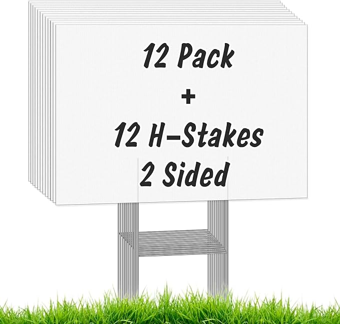 12Pcs Blank Yard Signs with Stakes, IKAYAS 17X12inch White Garden Yard Signs Yard Sale Signs Corrugated Plastic Signs for Party Decorations,Garage Sale, Guidepost, Open House