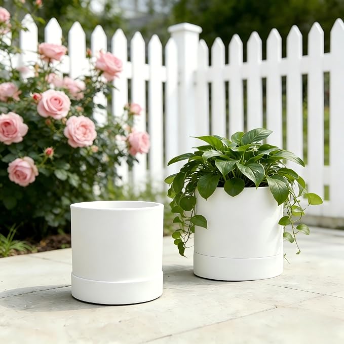 GreenShip Planter Set of 2 (9.8" & 7.8") – Cylinder Planters with Drainage Hole and Planter Saucer, Jun Porcelain Clay & Recycled Resin, Decorate Home,Office & Outdoor,White pots