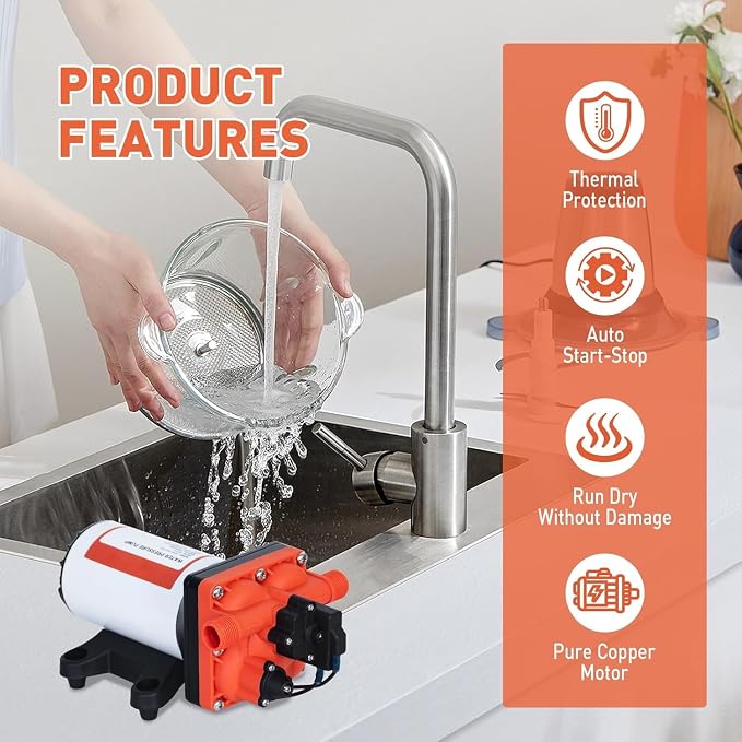 High Pressure 12 Volt RV Water Diaphragm Pump 5.5GPM 70PSI,On Demand 12V DC Self Priming Water Pump with Smart Pressure Switch,Fresh Wash Down for Boat Camper Marine Sprayer Garden Off-grid