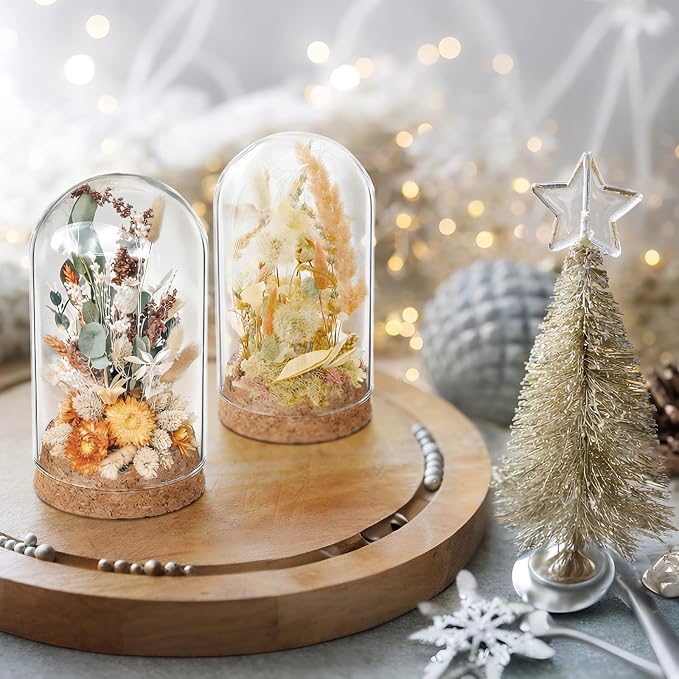 IMIKEYA 5Pcs The Bell Jar Glass Cloche with Rustic Wood Base, Tall Clear Decorative Cloche Glass Dome Display Case for Plants, Curios, Keepsakes, Heirlooms