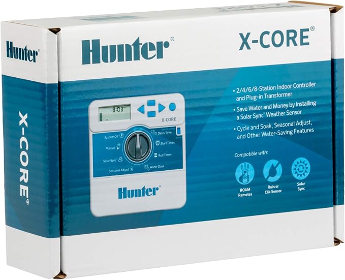 Hunter X-Core XC400i Indoor Sprinkler Timer, 4 Zone Irrigation Controller, Easy Programming, Sprinkler System Timer for Yard and Garden, Manual and Seasonal Adjust, No WiFi Needed