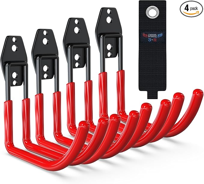 3-H Garden Hose Holder Wall Mount 4 Pack Solid Steel 5.9 Inch Extended Arm Compact Hose Hanger Heavy Duty Water Hose Holders for Outside,Red