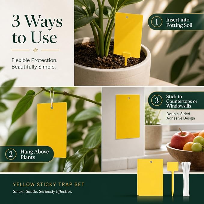 Qualirey 250 Pcs Yellow Sticky Traps for Gnats, 6 x 8 Inch Dual Sided Gnat Traps for Indoor Outdoor Plants, Fungus Gnat Sticky Cards for Fruit Flies Whiteflies Thrips, Twist Ties and Plastic Holders